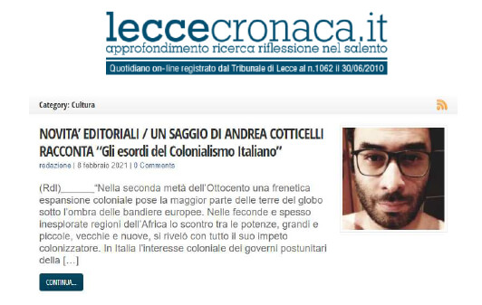 Lecce Cronaca - 8 Febbraio 2021: Novità editoriali, un saggio di Andrea Cotticelli racconta “Gli esordi del Colonialismo Italiano”