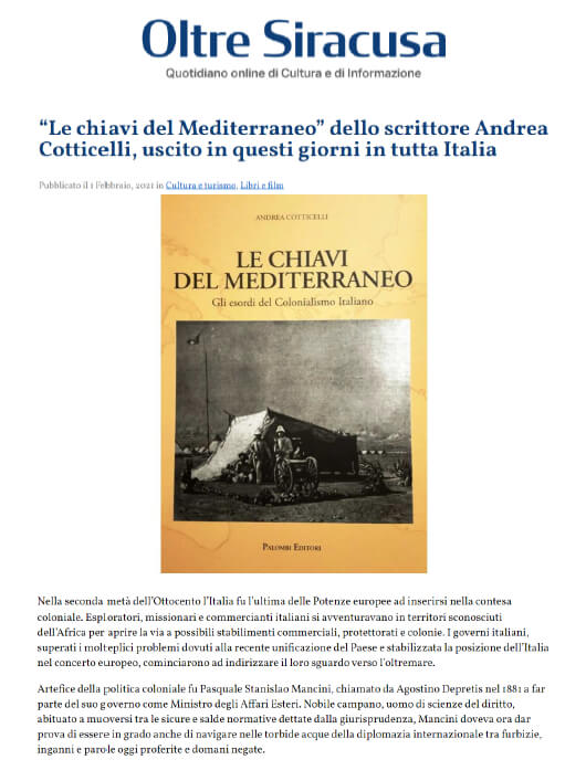 Oltre Siracusa - 1 Febbraio 2021: “Le chiavi del Mediterraneo” dello scrittore Andrea Cotticelli, uscito in questi giorni in tutta Italia