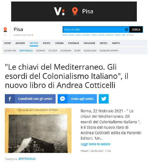 Virgilio - 22 Febbraio 2021: “Le chiavi del Mediterraneo. Gli esordi del Colonialismo Italiano”, il nuovo libro di Andrea Cotticelli