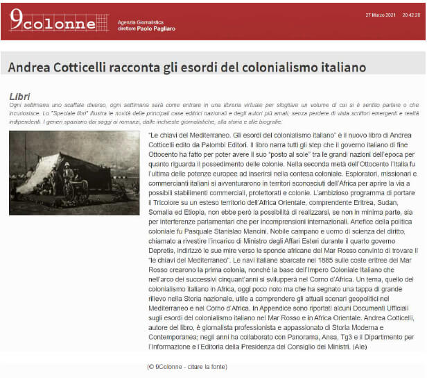 9colonne – 27 Marzo 2021: Andrea Cotticelli racconta gli esordi del colonialismo italiano