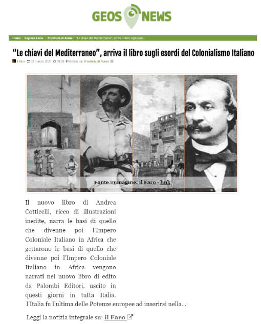Geos News - 2 Marzo 2021: “Le chiavi del Mediterraneo”, arriva il libro sugli esordi del Colonialismo Italiano