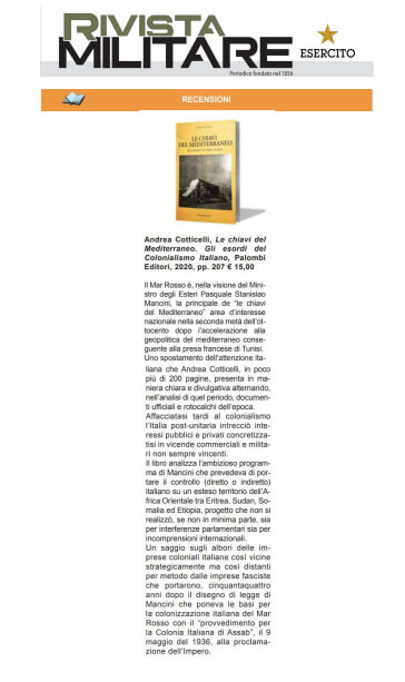 Rivista Militare - 9 Giugno 2021: Andrea Cotticelli, Le chiavi del Mediterraneo. Gli esordi del Colonialismo Italiano
