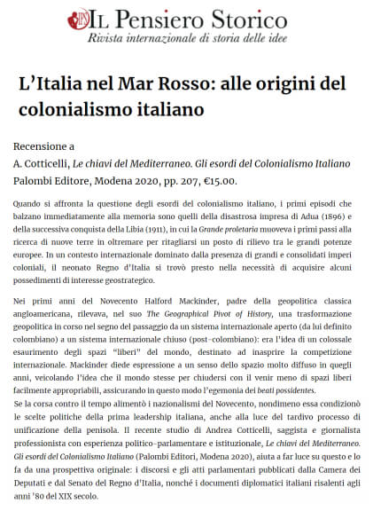 Il Pensiero Storico - 1 Luglio 2021: L’Italia nel Mar Rosso: alle origini del colonialismo italiano
