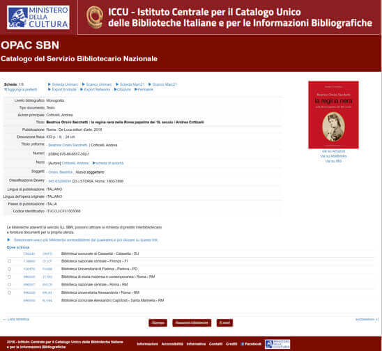 Il libro di Andrea Cotticelli su Beatrice Orsini Sacchetti è presente nel Catalogo OPAC SBN