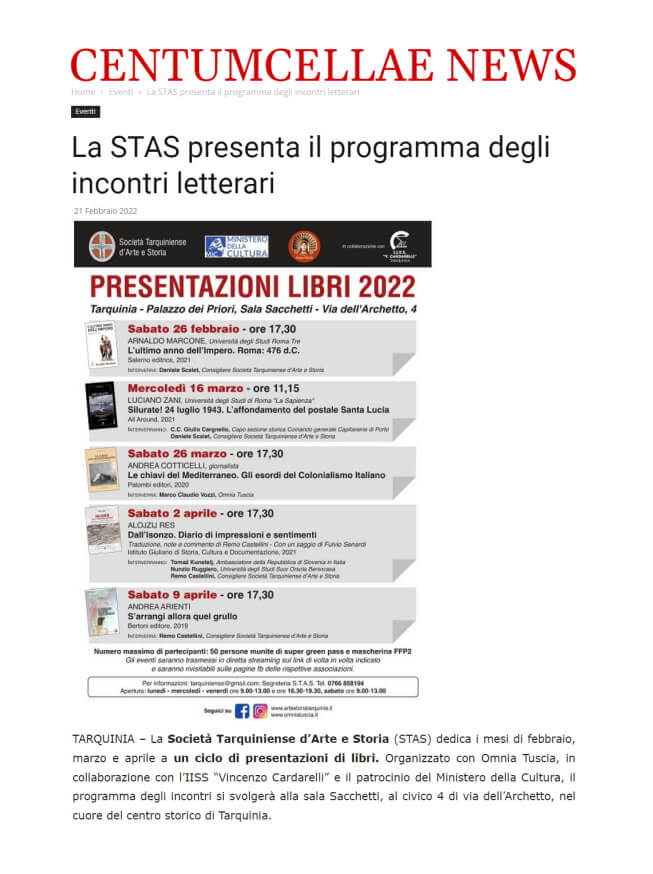 Centumcellae News, 21/02/2022: La STAS presenta il programma degli incontri letterari