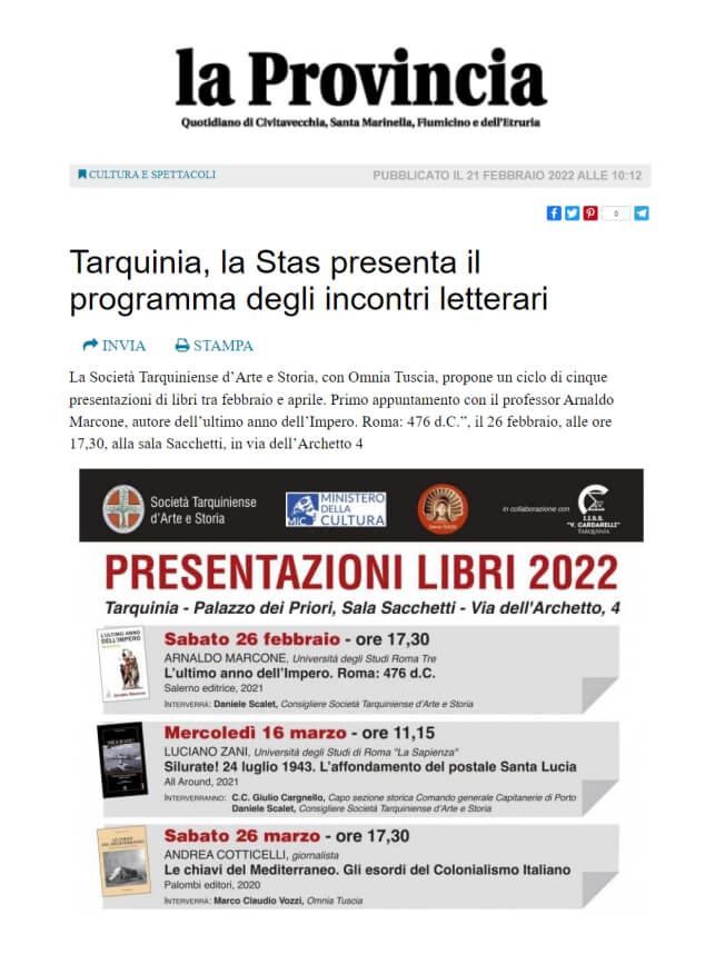 La Provincia, 21/02/2022: Tarquinia, la Stas presenta il programma degli incontri letterari