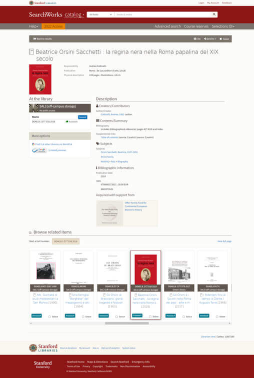 Il libro di Andrea Cotticelli è consultabile presso la Stanford Auxiliary Library 3 – SAL3 in California (USA)