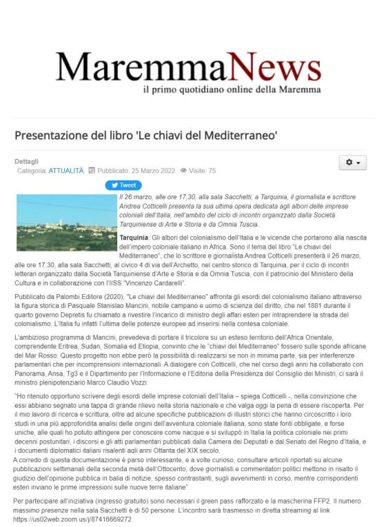 Maremma News, 25/03/2022: Presentazione del libro “Le chiavi del Mediterraneo”