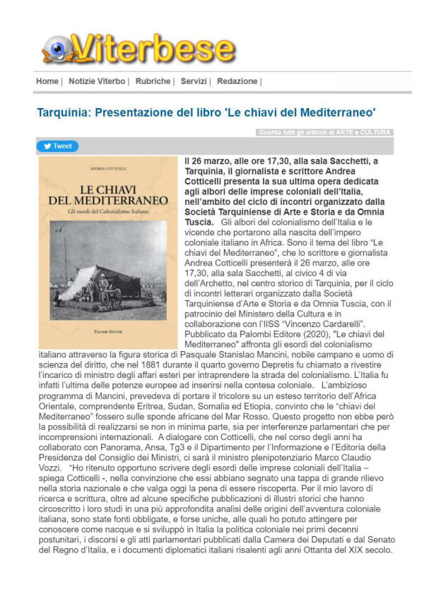 Occhio Viterbese, 24/03/2022: Tarquinia: Presentazione del libro “Le chiavi del Mediterraneo”