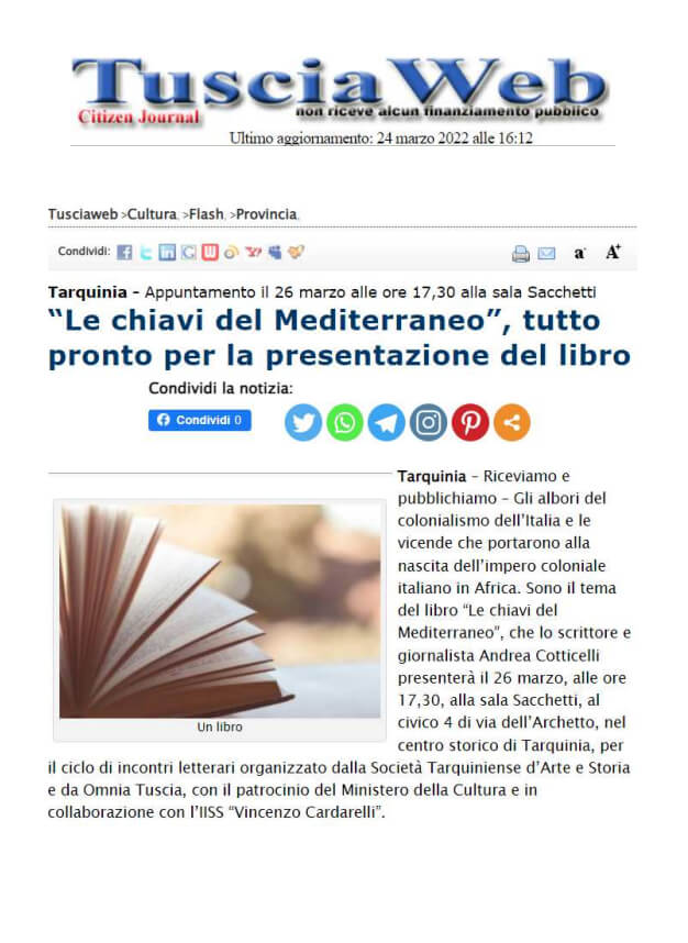 Tuscia WEB, 24/03/2022: “Le chiavi del Mediterraneo”, tutto pronto per la presentazione del libro