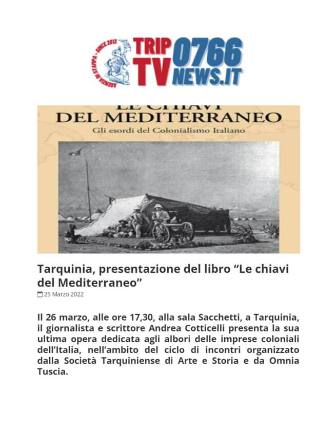 0766 News, 25/03/2022: “Tarquinia, presentazione del libro Le chiavi del Mediterraneo”