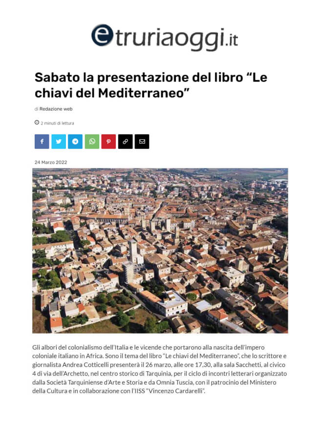 Etruria Oggi, 24/03/2022: “Sabato la presentazione del libro Le chiavi del Mediterraneo”