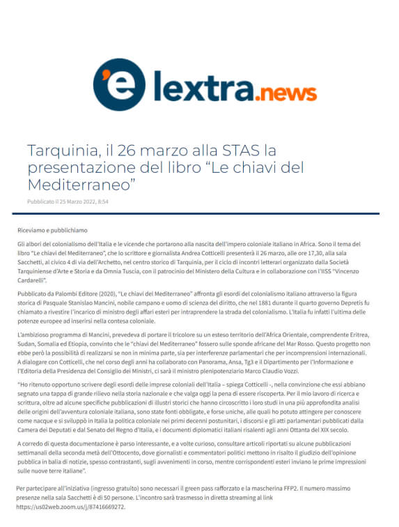 L’Extra News, 25/03/2022: “Tarquinia, il 26 marzo alla STAS la presentazione del libro Le chiavi del Mediterraneo”