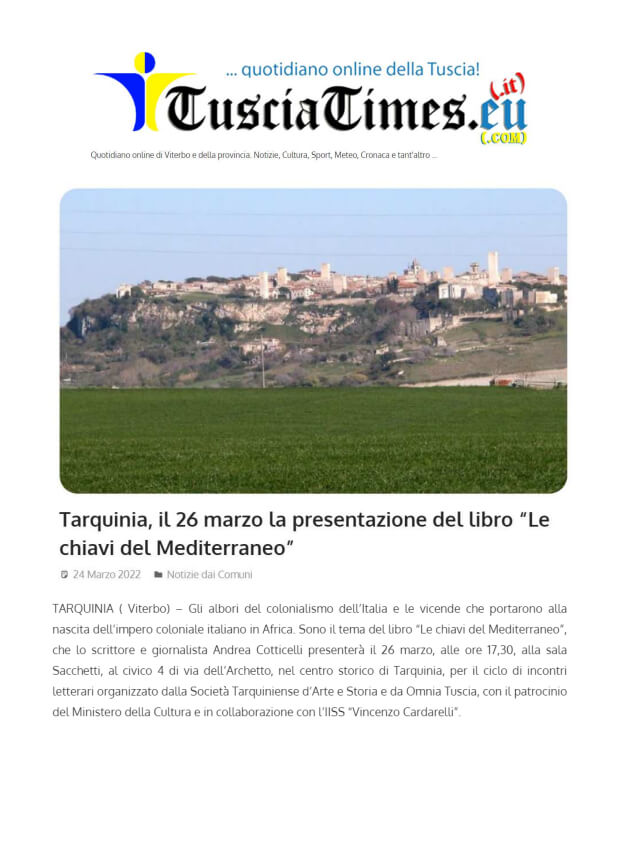 Tuscia Times, 24/03/2022: “Tarquinia, il 26 marzo la presentazione del libro Le chiavi del Mediterraneo”