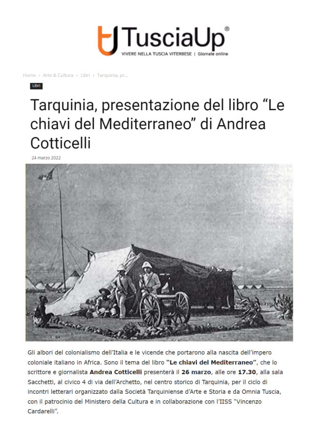 Tuscia UP, 24/03/2022: “Tarquinia, presentazione del libro ‘Le chiavi del Mediterraneo’ di Andrea Cotticelli”