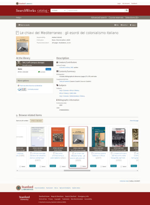 Il libro di Andrea Cotticelli è consultabile presso la Stanford Auxiliary Library 3 – SAL3 in California (USA)