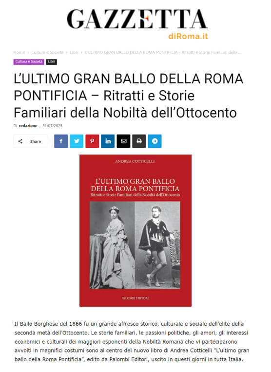 Gazzetta di Roma, 31 Luglio 2023: L’ultimo gran ballo della Roma Pontificia – Ritratti e Storie Familiari della Nobiltà dell’Ottocento