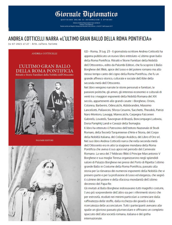 Giornale Diplomatico, 31 Luglio 2023: Andrea Cotticelli narra “L’ultimo gran ballo della Roma Pontificia”