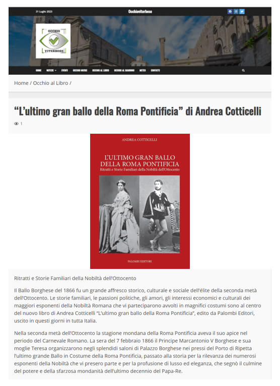 Occhio Viterbese, 31 Luglio 2023: “L’ultimo gran ballo della Roma Pontificia” di Andrea Cotticelli