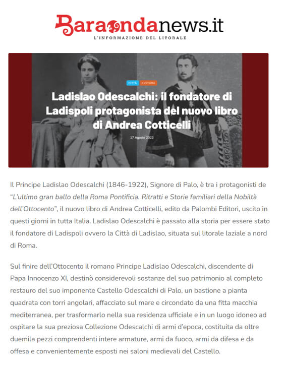 Baraondanews.it, 17 Agosto 2023: Ladislao Odescalchi: il fondatore di Ladispoli protagonista del nuovo libro di Andrea Cotticelli