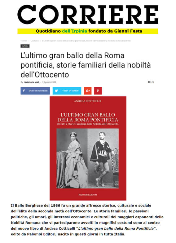 Corriere dell’Irpinia, 3 Agosto 2023: L’ultimo gran ballo della Roma pontificia, storie familiari della nobiltà dell’Ottocento