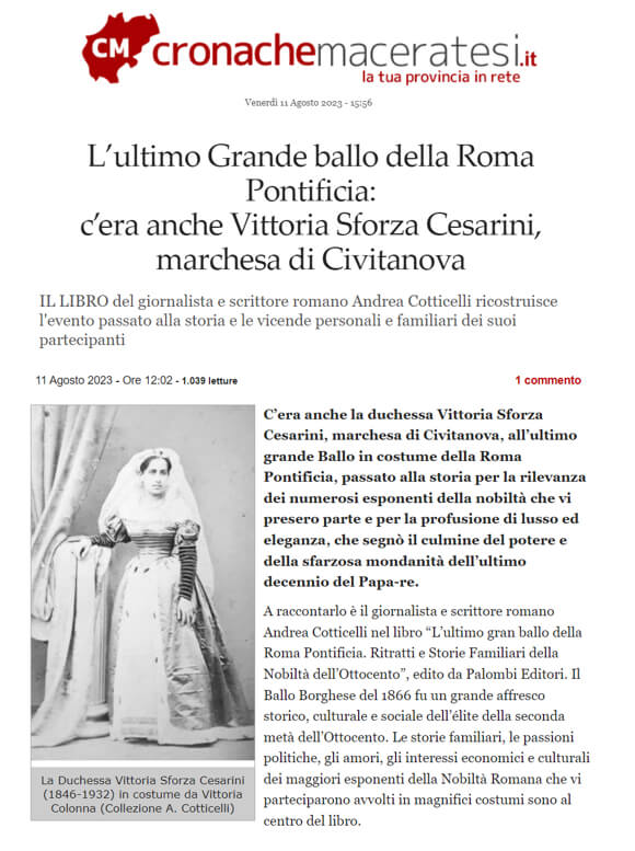 Cronache Maceratesi, 11 Agosto 2023: L’ultimo Grande ballo della Roma Pontificia: c’era anche Vittoria Sforza Cesarini, marchesa di Civitanova