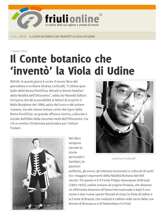 FriuliOnline, 7 Agosto 2023: Il Conte botanico che “inventò” la Viola di Udine