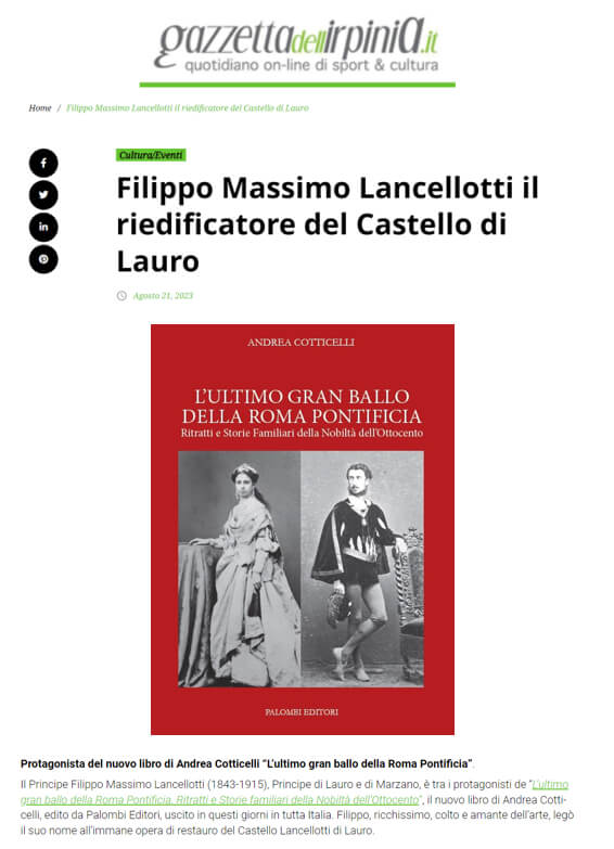 Gazzetta dell’Irpinia, 21 Agosto 2023: Filippo Massimo Lancellotti il riedificatore del Castello di Lauro