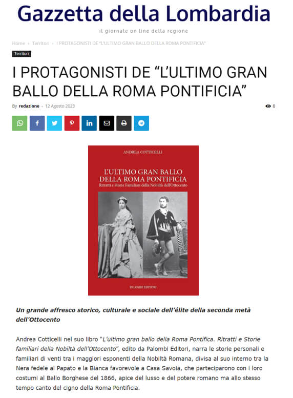 Gazzetta della Lombardia, 12 Agosto 2023: I Protagonisti de “L’ultimo gran ballo della Roma Pontificia”