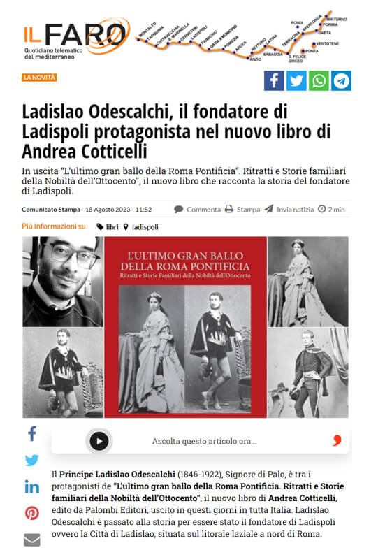 Il Faro Online, 18 Agosto 2023: Ladislao Odescalchi, il fondatore di Ladispoli protagonista del nuovo libro di Andrea Cotticelli