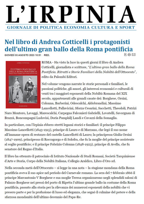 L’Irpinia, 3 Agosto 2023: Nel libro di Andrea Cotticelli i protagonisti dell’ultimo gran ballo della Roma pontificia