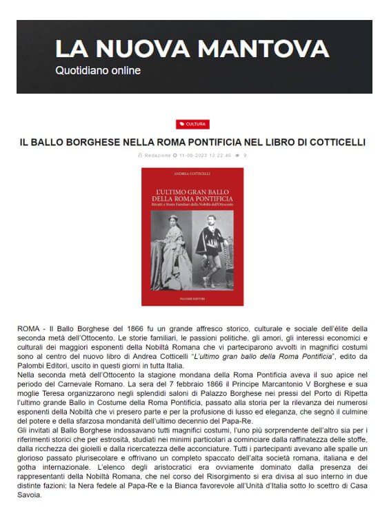 La Nuova Mantova, 11 Agosto 2023: Il Ballo Borghese nella Roma Pontificia nel libro di Cotticelli