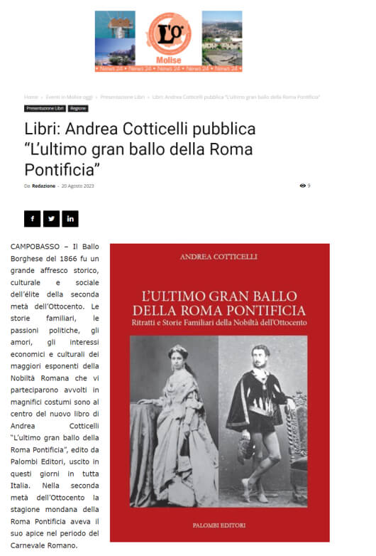 Molise News 24, 20 Agosto 2023: Libri: Andrea Cotticelli pubblica “L’ultimo gran ballo della Roma Pontificia”
