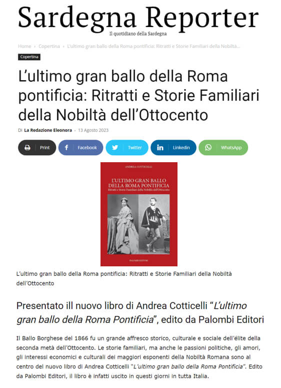 Sardegna Reporter, 13 Agosto 2023: L’ultimo gran ballo della Roma pontificia: Ritratti e Storie Familiari della Nobiltà dell’Ottocento