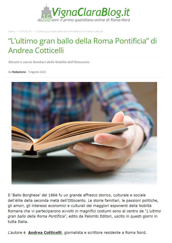 VignaClaraBlog.it, 9 Agosto 2023: “L’ultimo gran ballo della Roma Pontificia” di Andrea Cotticelli