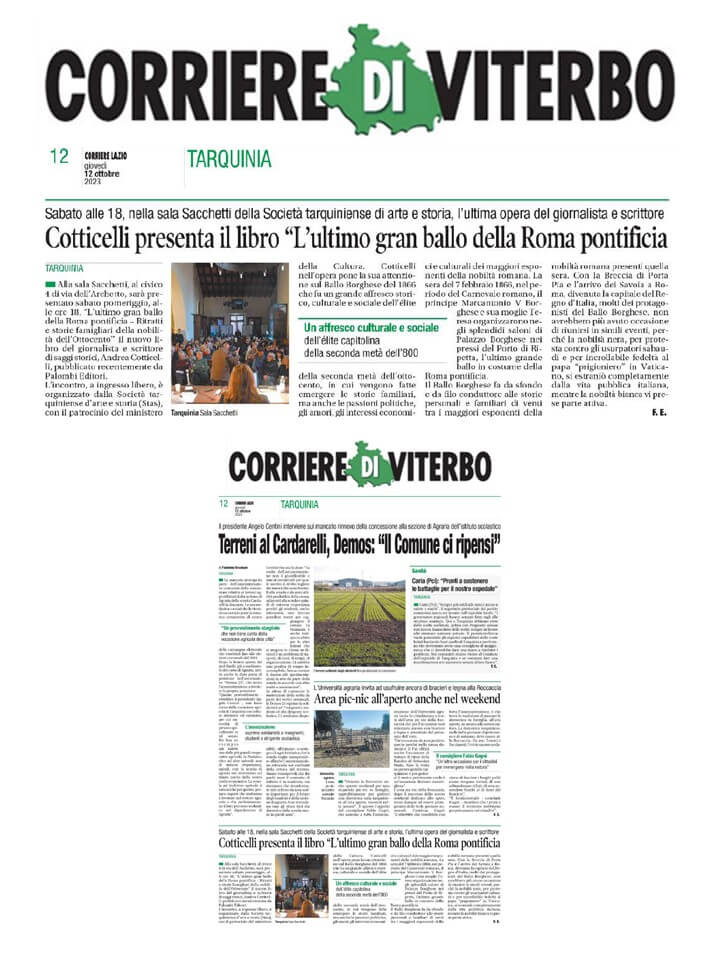 Corriere di Viterbo, 12 Ottobre 2023: Cotticelli presenta il libro L’ultimo gran ballo della Roma Pontificia