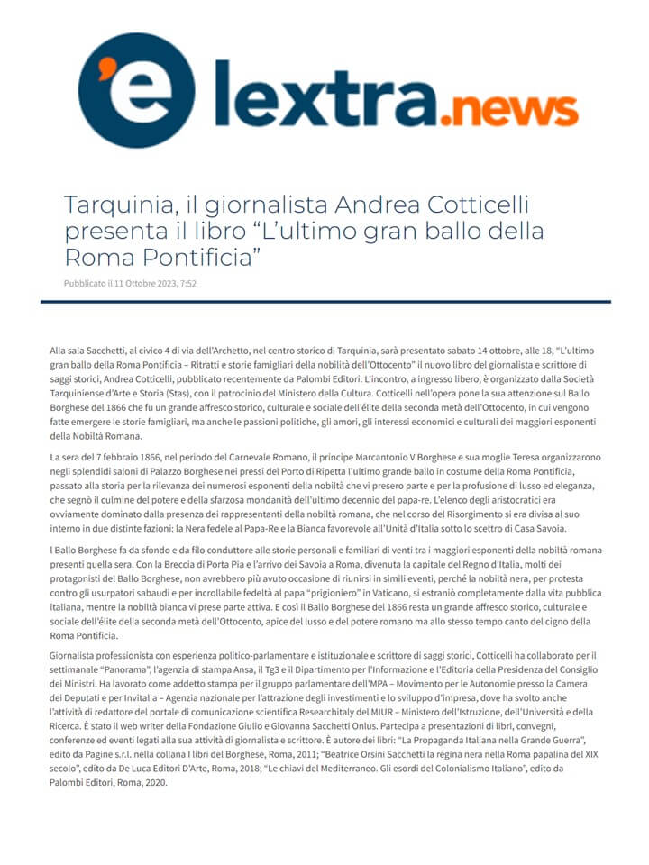 L’Extra News, 11 Ottobre 2023: Tarquinia, il giornalista Andrea Cotticelli presenta il libro “L’ultimo gran ballo della Roma Pontificia”