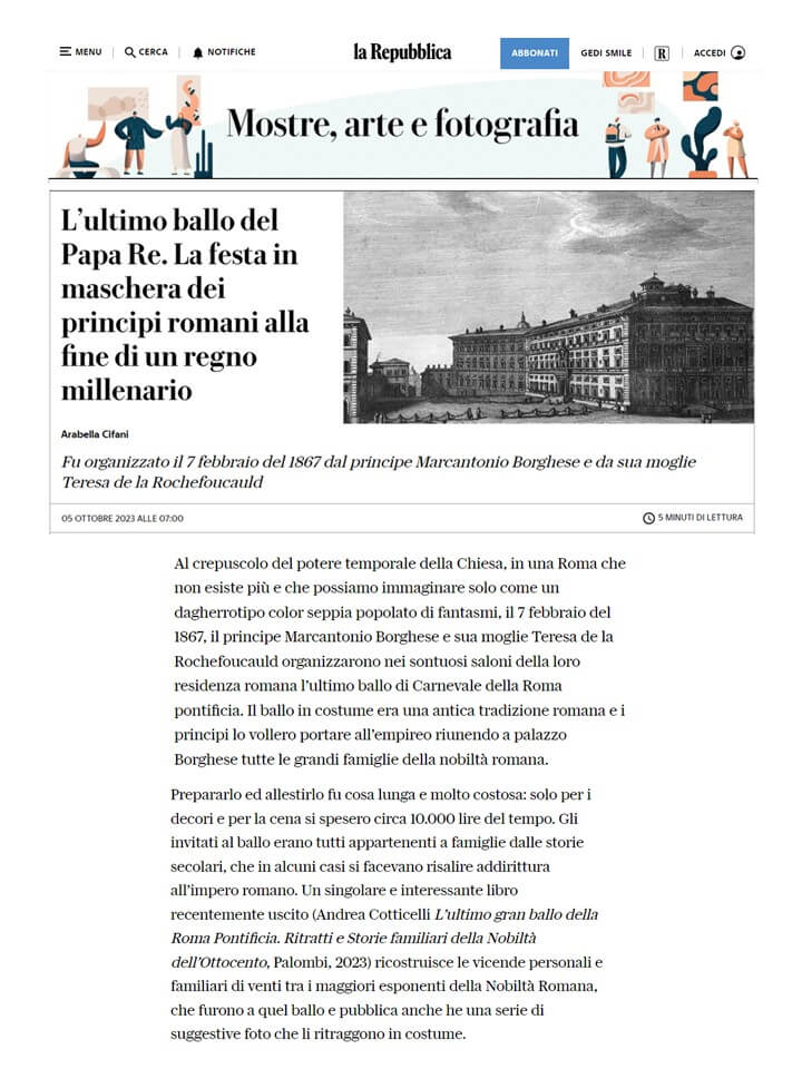La Repubblica, 5 Ottobre 2023: L’ultimo ballo del Papa Re. La festa in maschera dei principi romani alla fine di un regno millenario