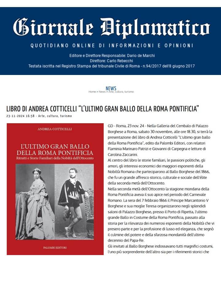 Giornale Diplomatico, 23 Novembre 2024: Libro di Andrea Cotticelli “L’ultimo gran ballo della Roma Pontificia”
