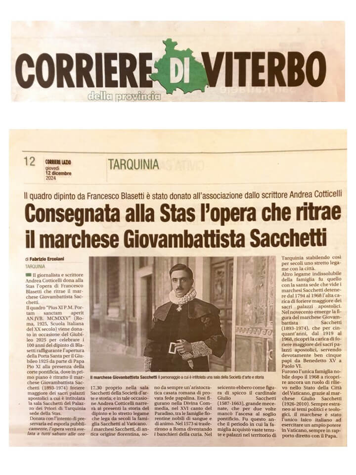 Corriere di Viterbo, 12 Dicembre 2024: Consegnata alla STAS l’opera che ritrae il marchese Giovambattista Sacchetti