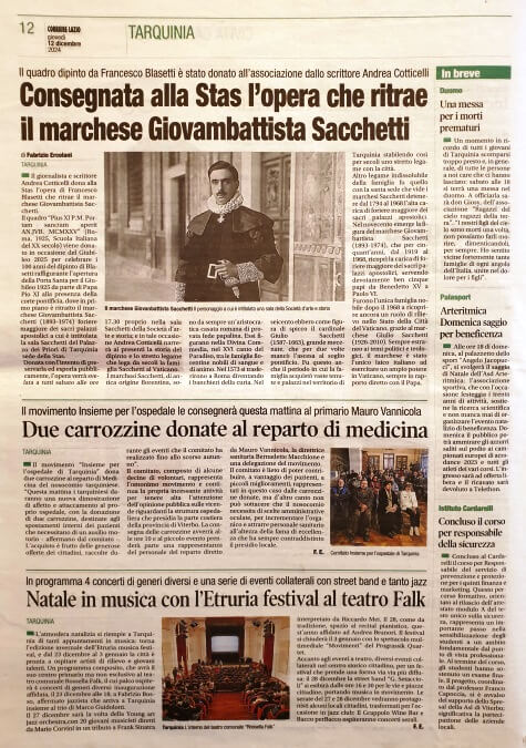 Corriere di Viterbo, 12 Dicembre 2024: Consegnata alla STAS l’opera che ritrae il marchese Giovambattista Sacchetti