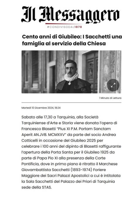 Il Messaggero, 10 Dicembre 2024: Cento anni di Giubileo: I Sacchetti una famiglia al servizio della Chiesa