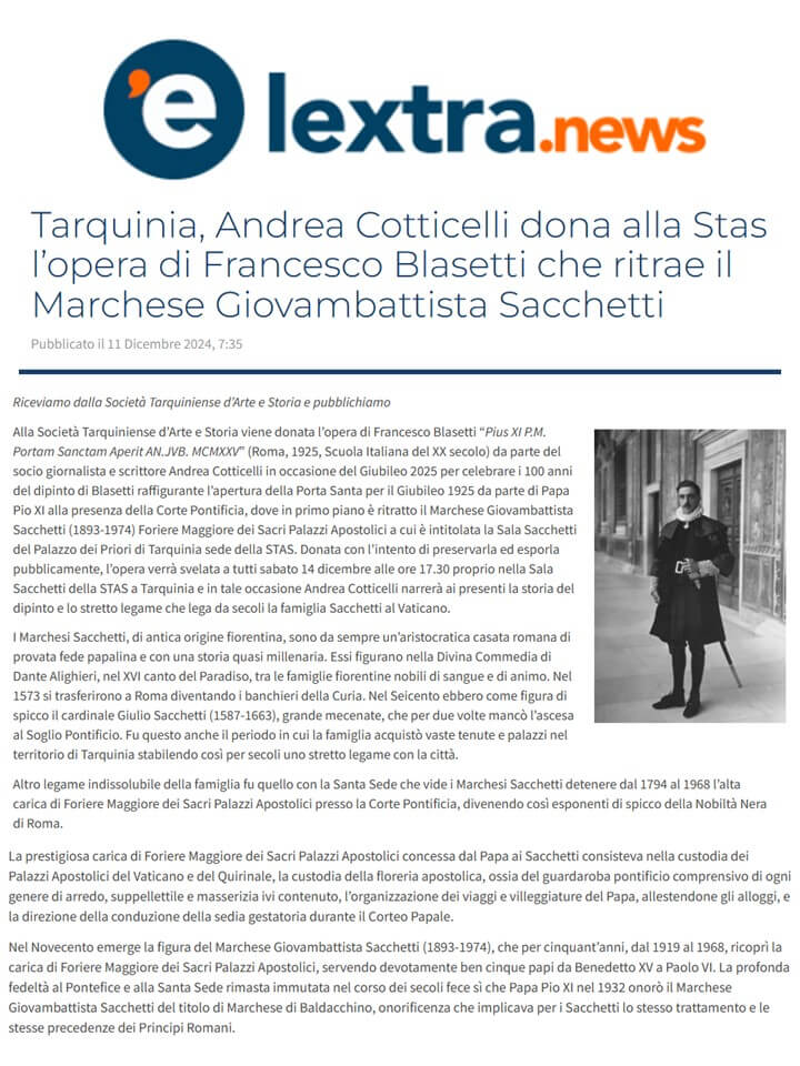 L’Extra News, 11 Dicembre 2024: Tarquinia, Andrea Cotticelli alla STAS l’opera di Francesco Blasetti che ritrae il Marchese Giovambattista Sacchetti
