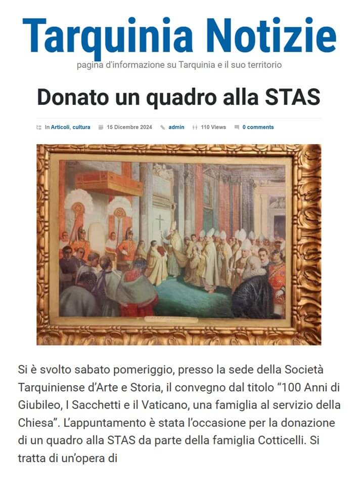 Tarquinia Notizie, 15 Dicembre 2024: Donato un quadro alla STAS
