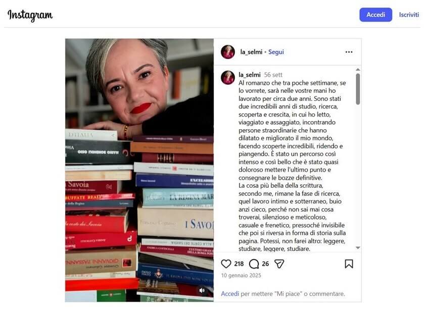 Il post di Alessandra Selmi pubblicato sul suo profilo social di Instagram @la_selmi in cui cita tra le sue fonti i libri di Andrea Cotticelli