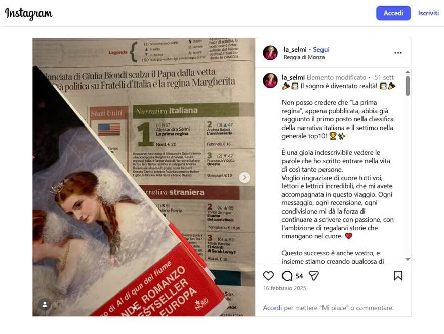 Il libro di Alessandra Selmi “La prima Regina” è in vetta alla classifica di Narrativa Italiana