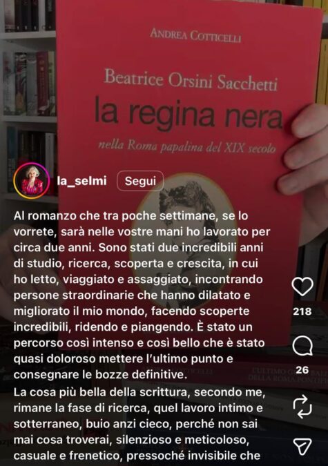 @la_selmi, 10 Gennaio 2025: I libri di Andrea Cotticelli sulla Nobiltà Romana sono tra le fonti mostrate nel suo profilo di Instagram dalla scrittrice Alessandra Selmi per il suo romanzo “La prima Regina”