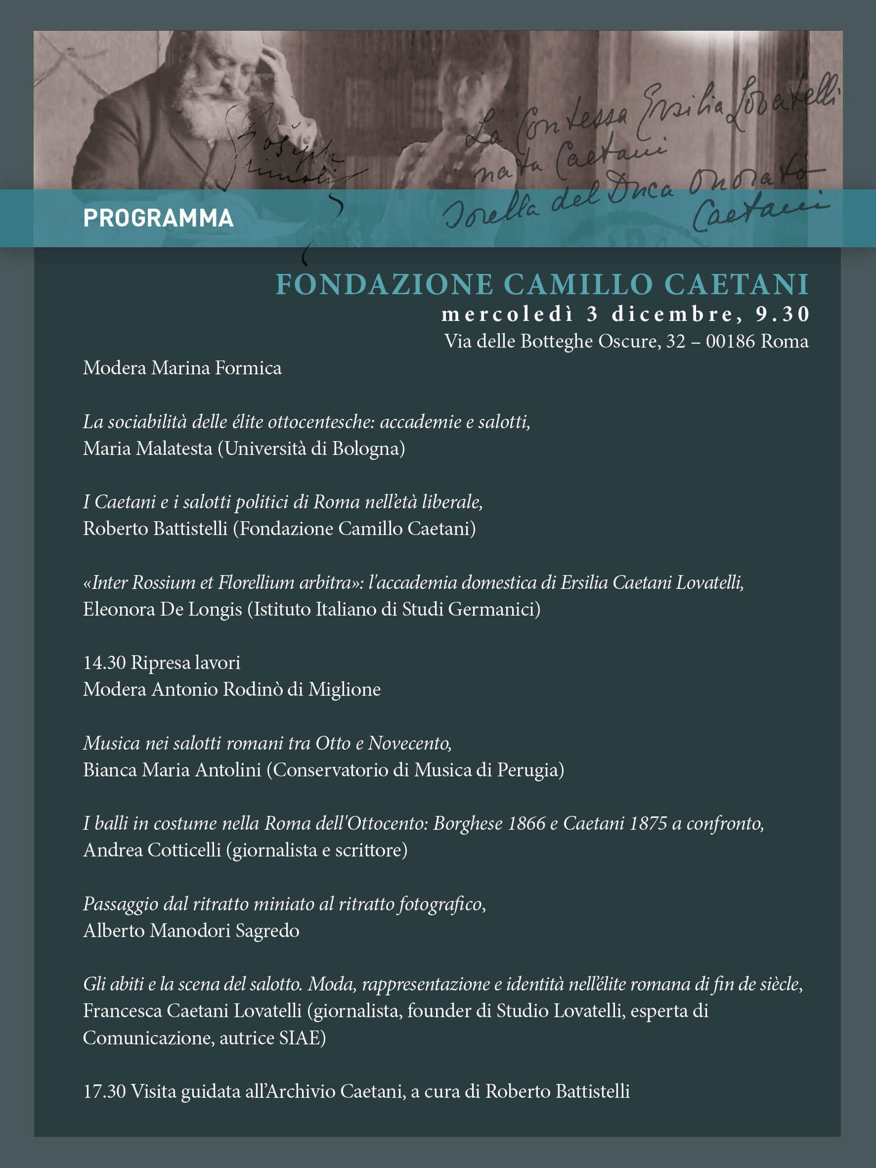 Il Programma del 3 Dicembre 2025 del Convegno Internazionale presso la Fondazione Camillo Caetani a Roma dove è intervenuto come relatore il giornalista e scrittore Andrea Cotticelli