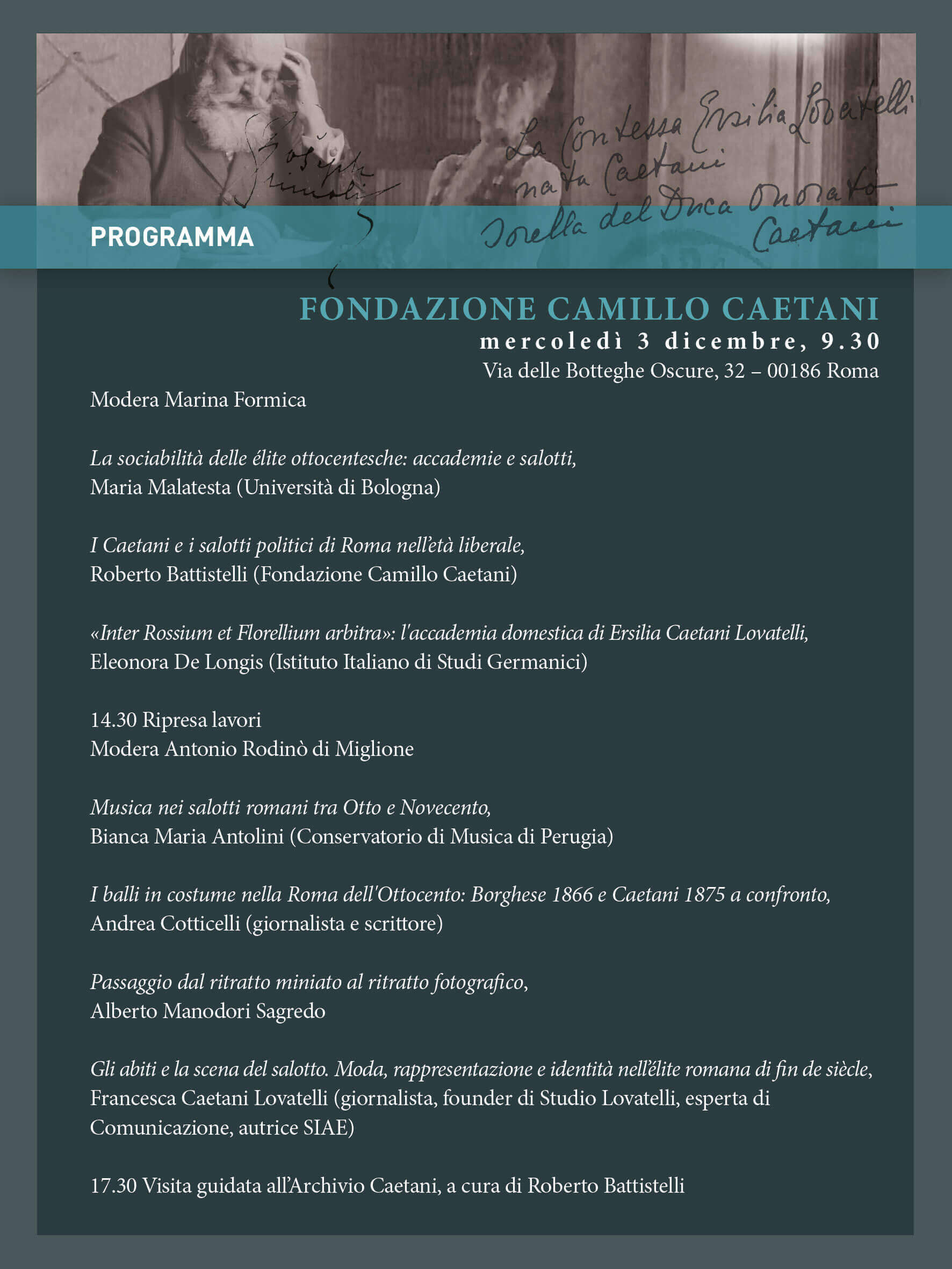 Il Convegno Internazionale 2-4 Dicembre 2025 promosso dalla Fondazione Camillo Caetani: “Salotti Romani tra il 1870 e il 1914: Ersilia Caetani Lovatelli e Giuseppe Primoli”