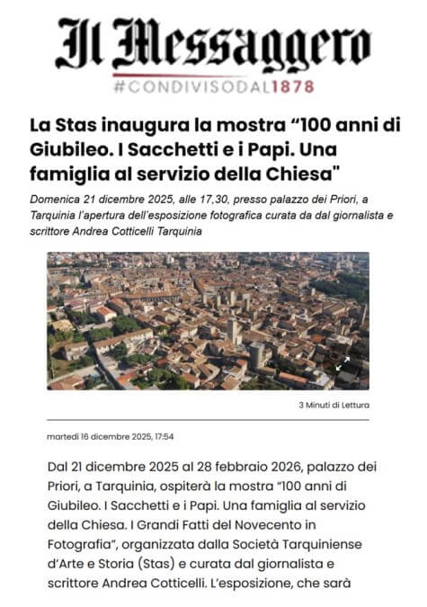 Il Messaggero: La STAS inaugura la mostra “100 anni di Giubileo. I Sacchetti e i Papi. Una famiglia al servizio della Chiesa”